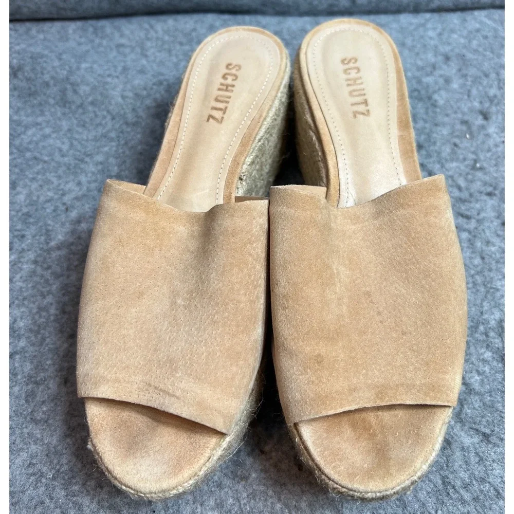 Schutz Tan Suede Espadrille Wedge Platform Sandals Mules Summer 8 Made In Brazil
